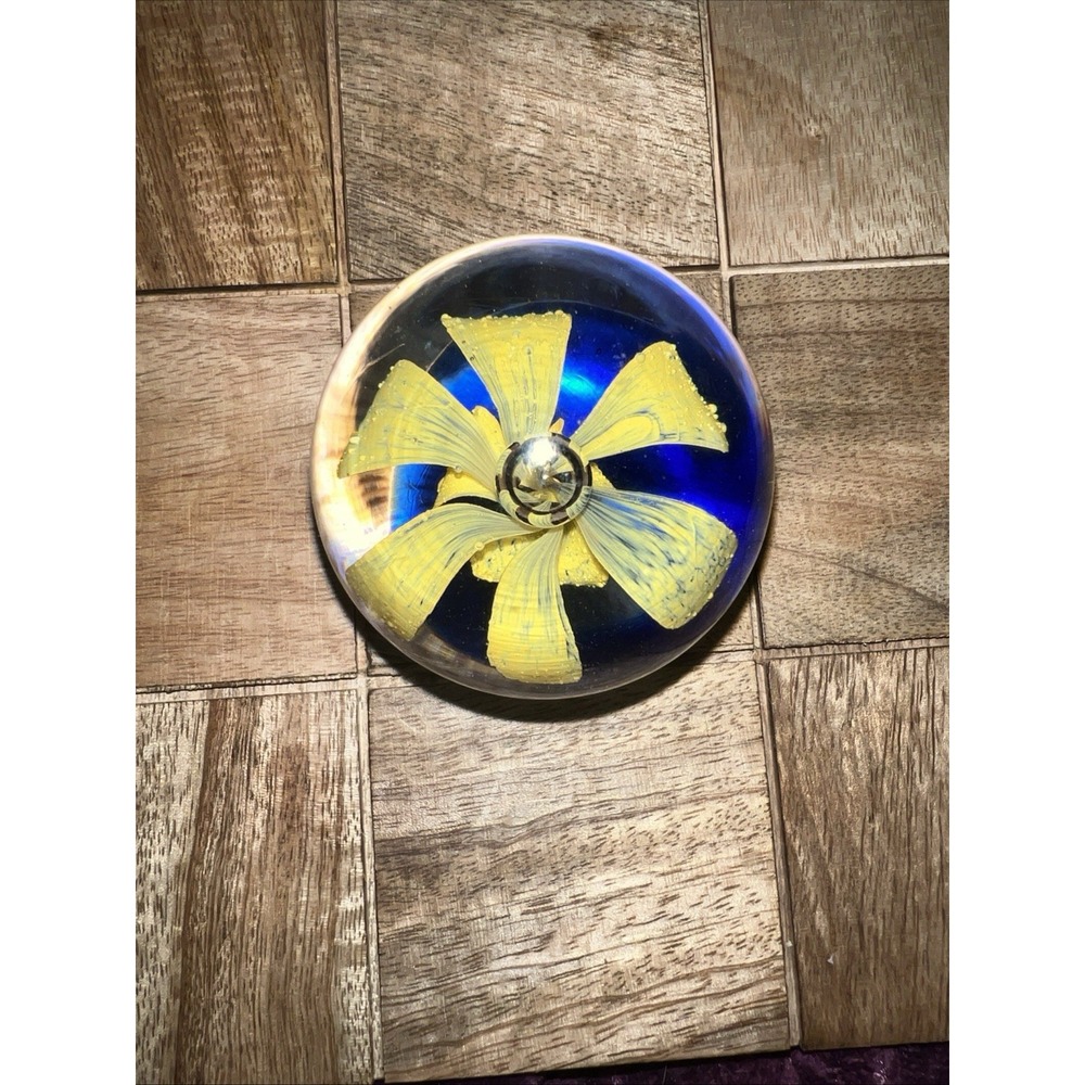 Vintage  2.5" Art Glass Paperweight Yellow Flower Inside Cobalt Base ClearGlass